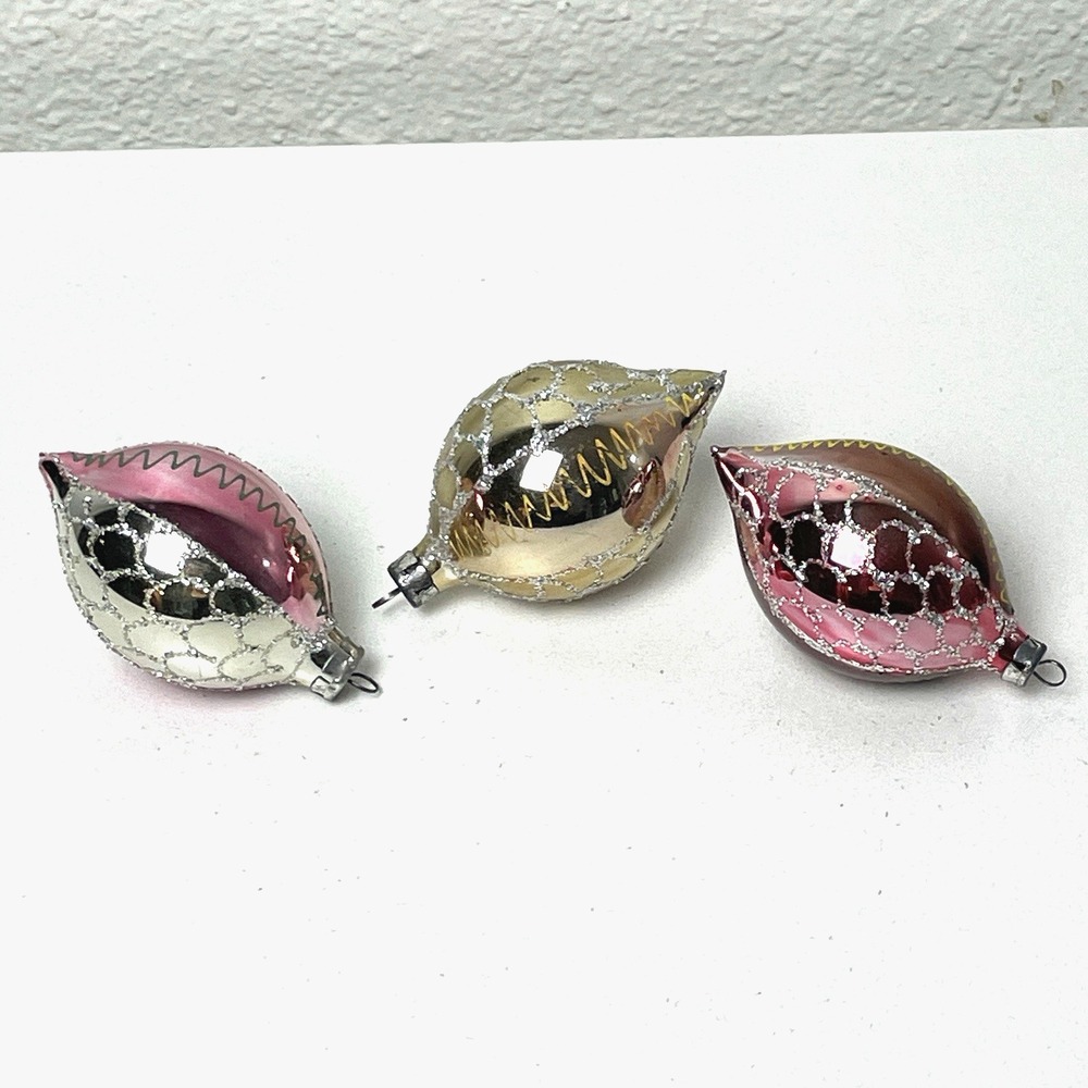 Vintage Glass Teardrop Christmas Ornaments Glitter Pink Gold Silver 3" Lot of 3